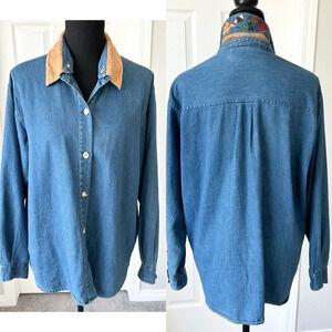 Vintage 90s Rhythm  Blue Removable Embroidery Collar Chambray Button Down Shirt